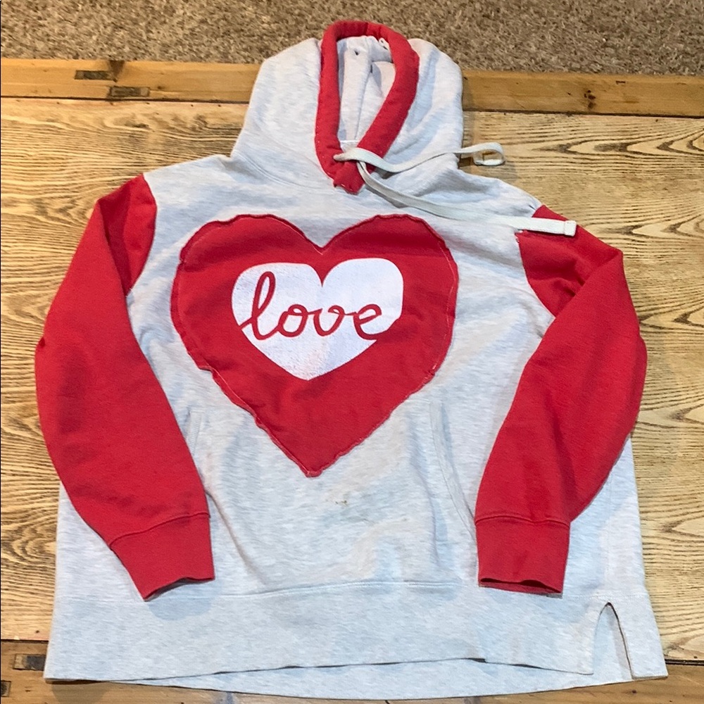 Upcycled XL Red and Gray Heart Love Hoodie - Picture 2 of 5
